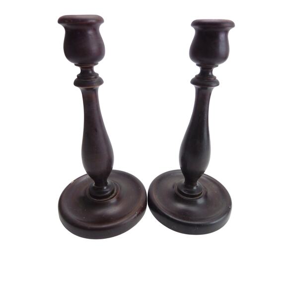 Vintage Early 1900 Mid Century Wood Turned Candle Holder Set - Picture 1 of 6